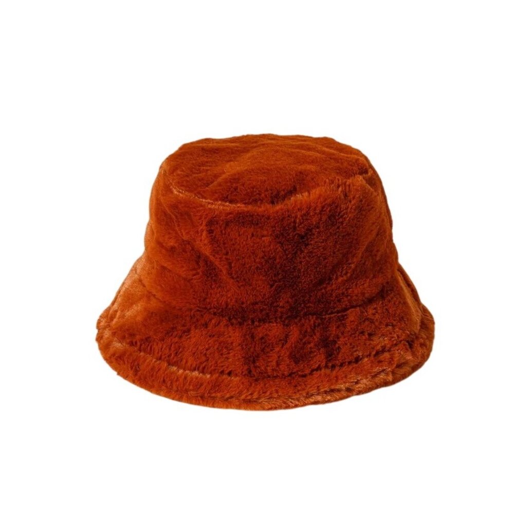 2/$30 Faux Fur Bucket Hat In Burnt Orange Plush Winter Textured Design